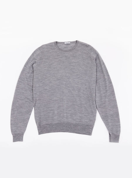 Flat lay of men's silver grey long sleeved crewneck sweater knit in 100% luxury and premium merino wool.